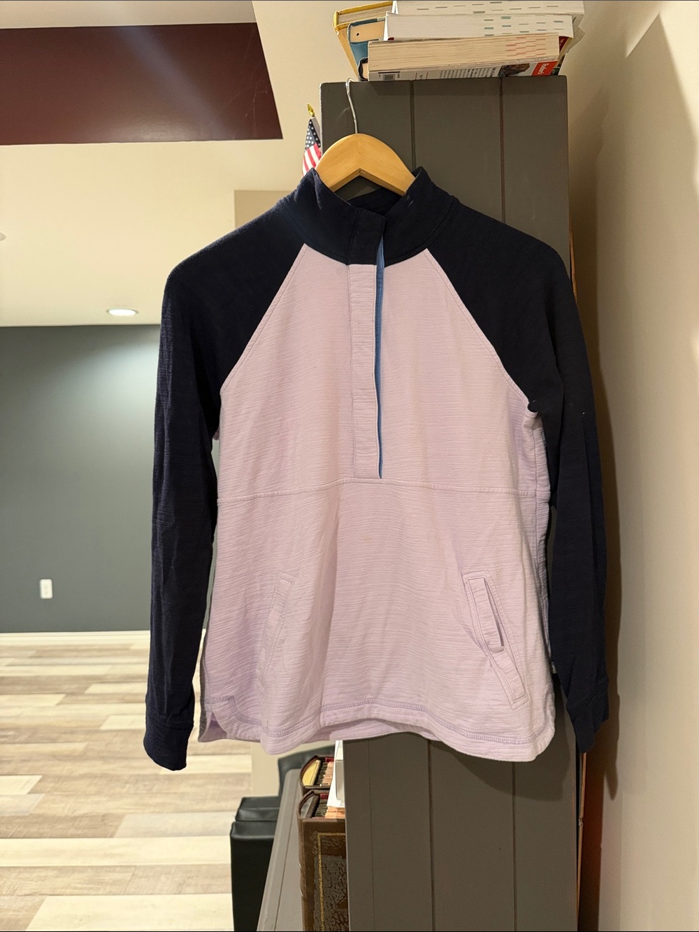 Talbots Slub Terry Long Sleeve Pullover -
Colorblock. 50 SPF, navy blue , mauve
